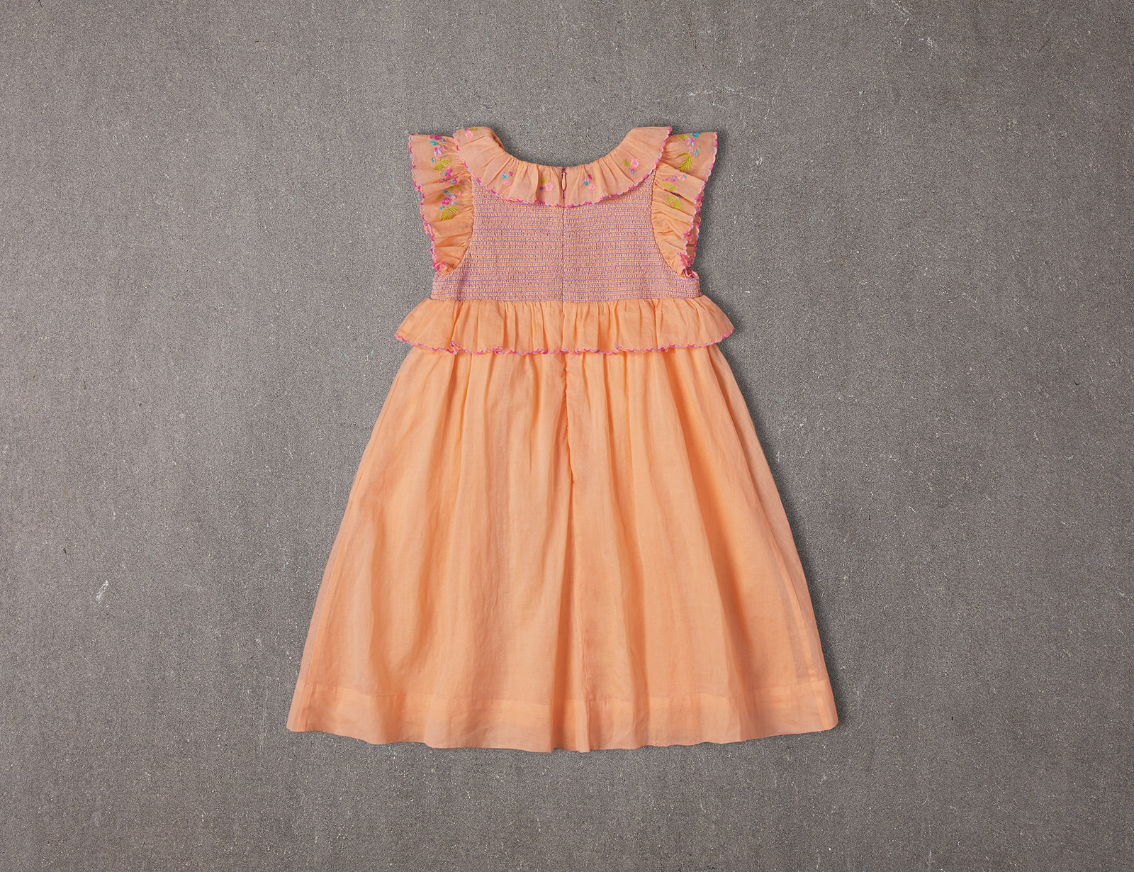 Coco Dress | Above Knee Peach Cotton Birthday Dress with Floral Embroidery and Smocking 3