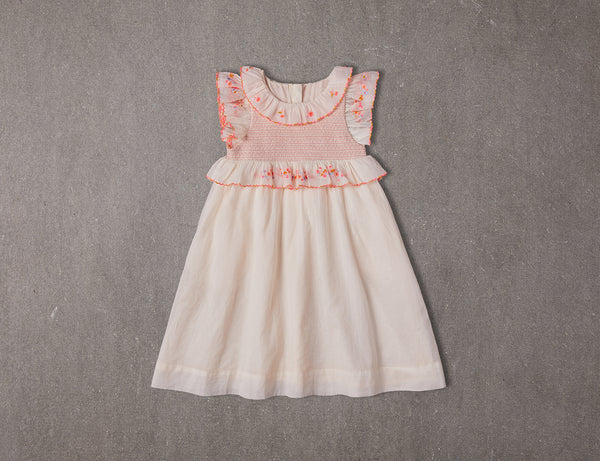 Coco Dress | Above knee beige cotton birthday Dress with floral embroidery and smocking 1 Coco Dress | Above knee beige cotton birthday Dress with floral embroidery and smocking 1
