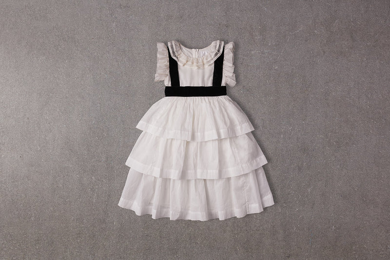 Tiered white cotton Christmas dress with velvet ribbon