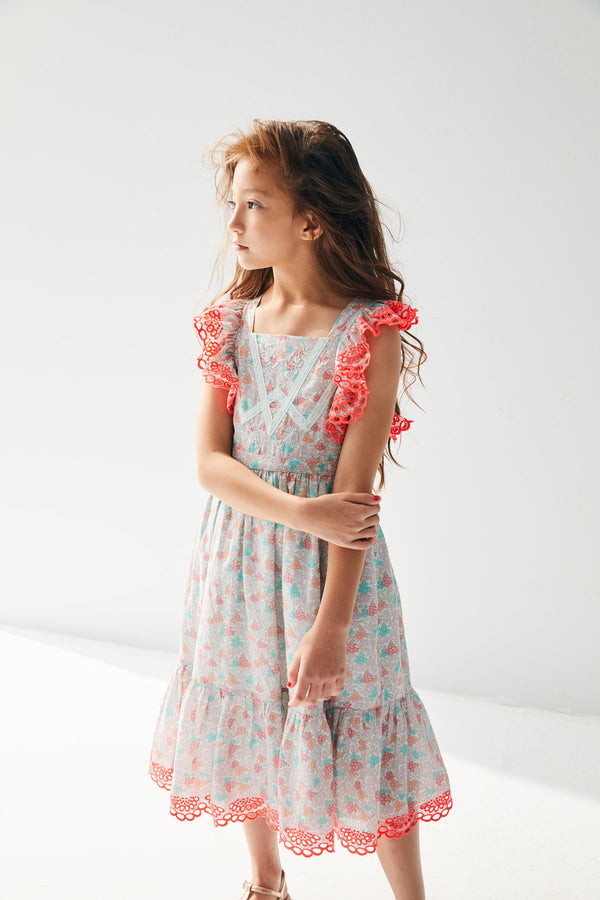 Floral mint cotton midi birthday dress with lace accents