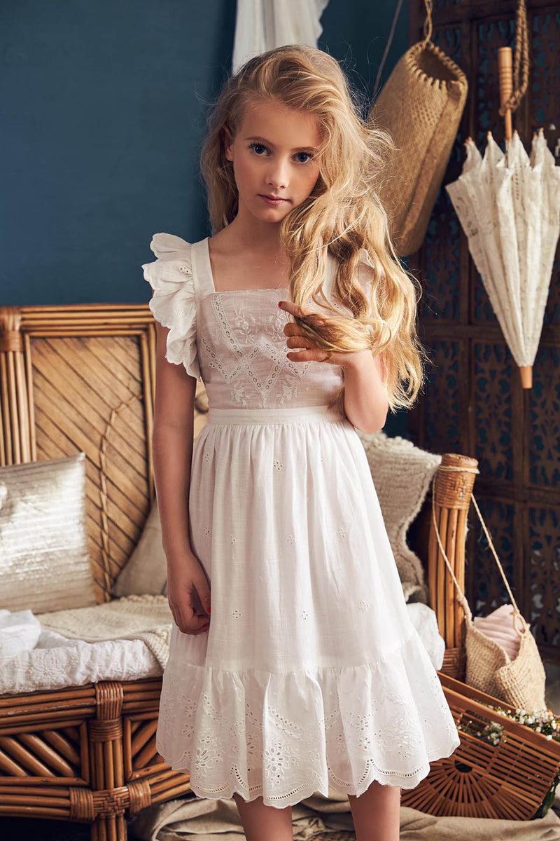 White cotton midi birthday dress with lace accents