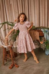 Floral pink cotton birthday dress with ruffles