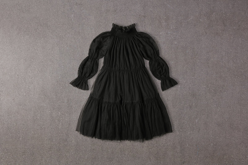 Flower girl dress with embroidered puffed sleeves in black tulle