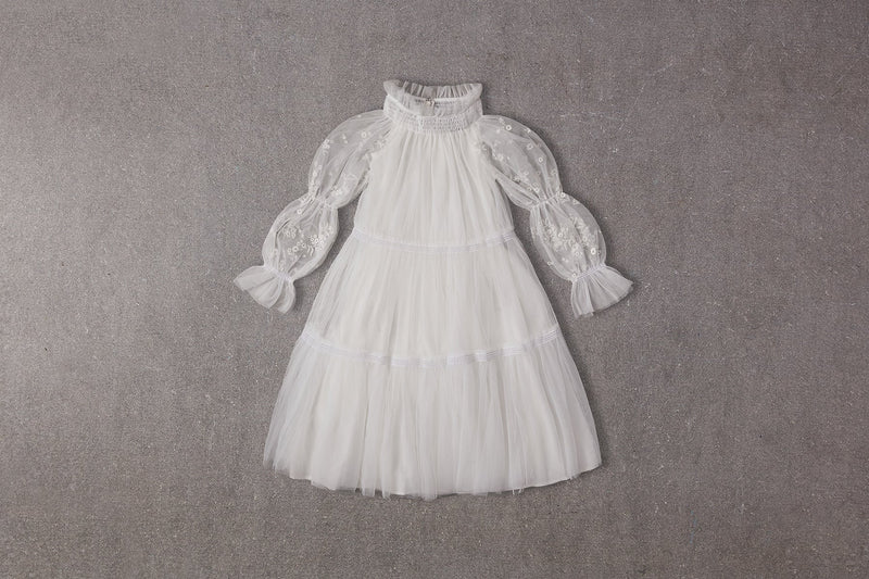 Esther Dress | Flower Girl Dress with Embroidered Puffed Sleeves in White Tulle 12 Esther Dress | Flower Girl Dress with Embroidered Puffed Sleeves in White Tulle 12