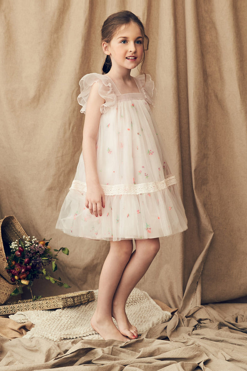 Pink embroidered tulle birthday dress with ruffle sleeves