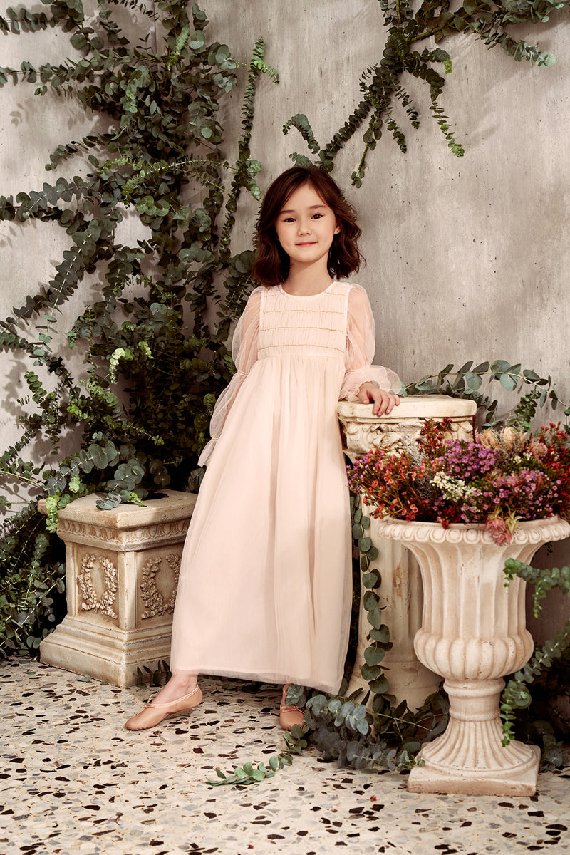 Maxi pink tulle flower girl dress with  smocking