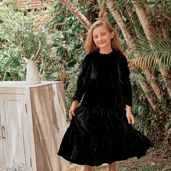 Iris Dress | Tiered black velvet Christmas dress with gathered sleeves   NELLYSTELLA