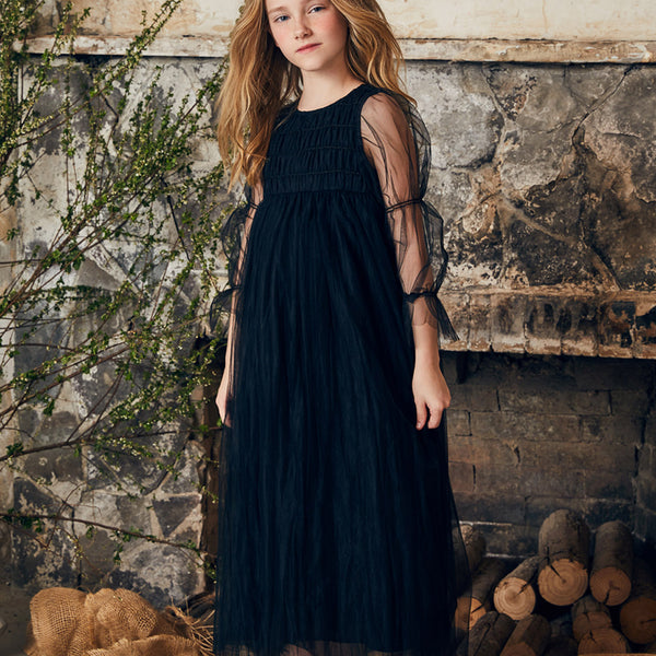 Isabella Dress | Maxi black tulle flower girl dress with smocking