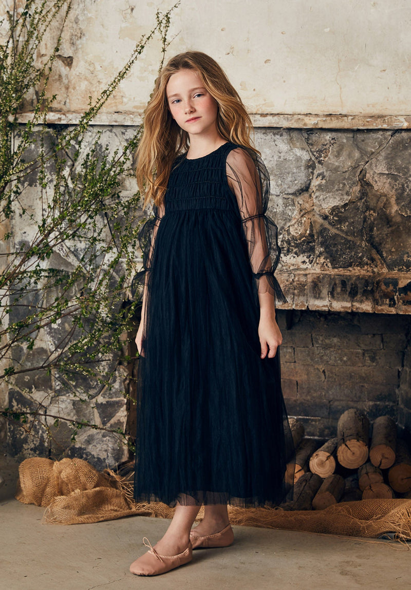 Maxi black tulle flower girl dress with smocking
