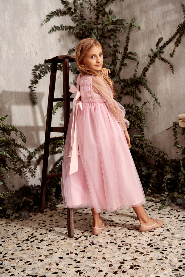 Maxi pink tulle birthday dress with smocking