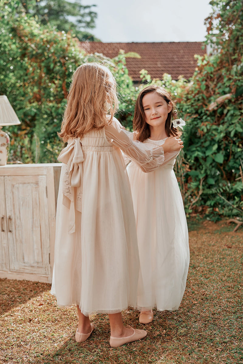 Maxi white tulle flower girl dress with  smocking
