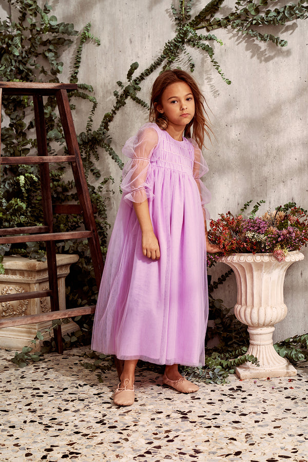 Maxi purple tulle birthday dress with smocking