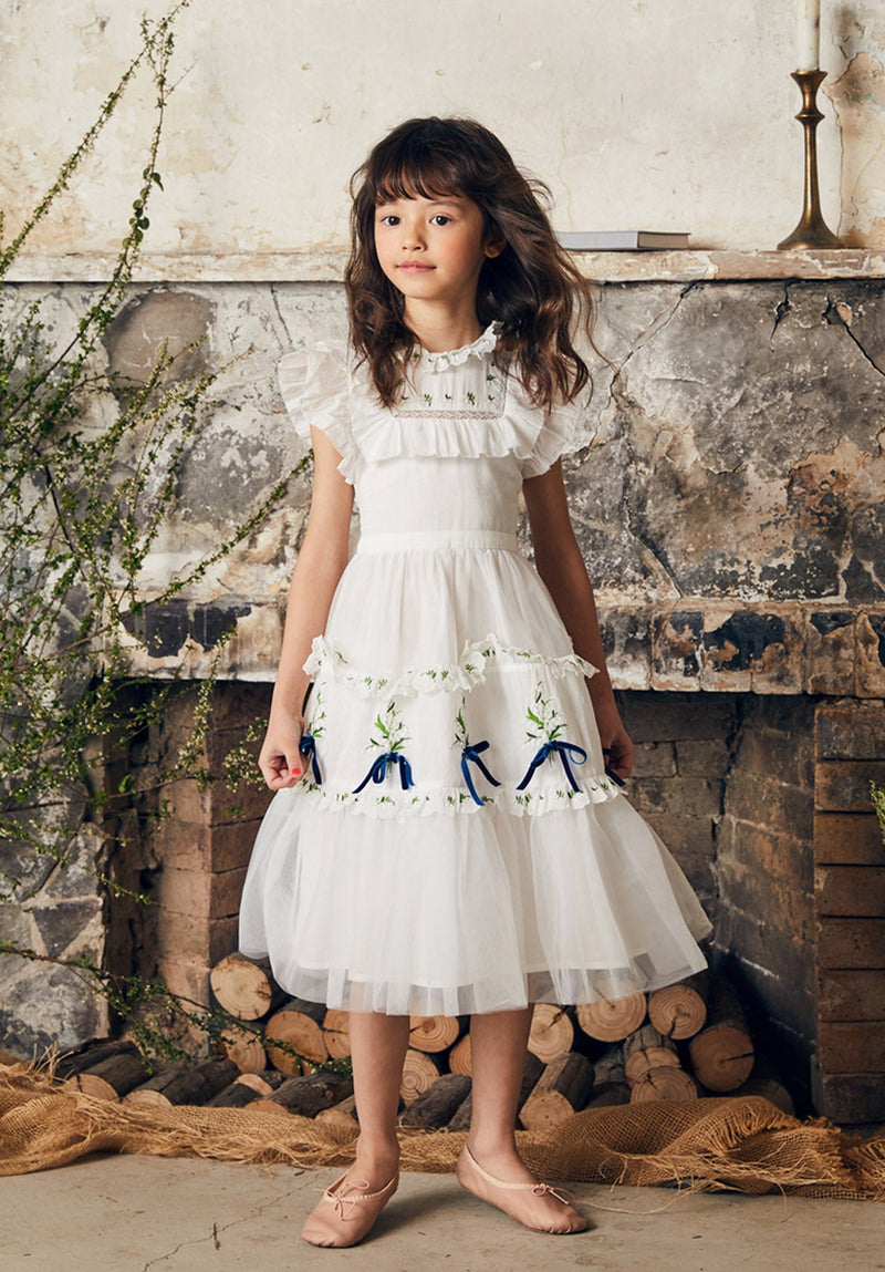 White Victorian tulle flower girl dress with embroidery