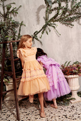 Peach Victorian tulle birthday dress with embroidery