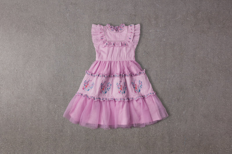 Pink Victorian tulle birthday dress with embroidery