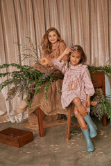 Brown embroidered birthday dress with puff sleeves
