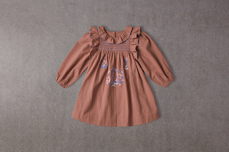 Brown embroidered birthday dress with puff sleeves