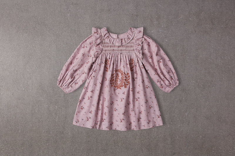 Pink floral embroidered birthday dress with puff sleeves