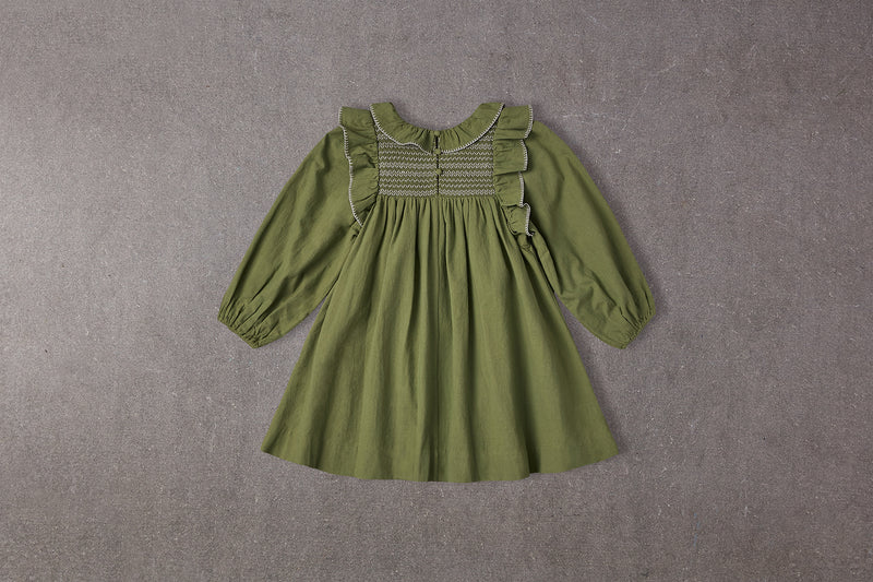 Green embroidered birthday dress with puff sleeves