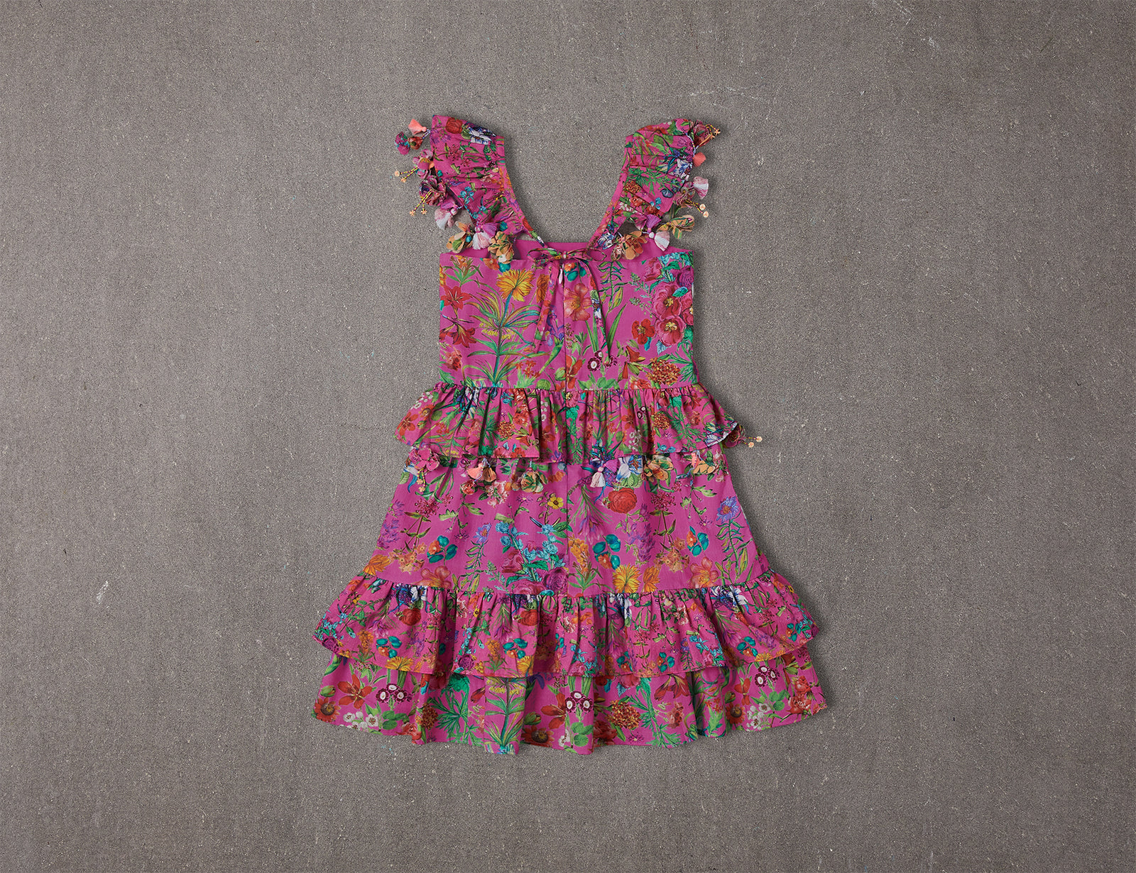 Leighton Dress | Knee Length Pink Floral Cotton Birthday Dress with Pompoms 10