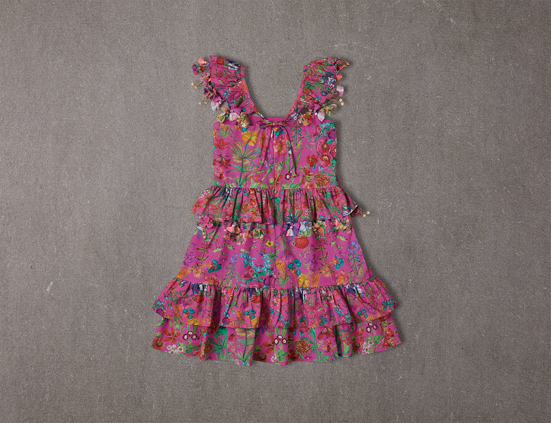 Knee length pink floral cotton birthday dress with pompoms