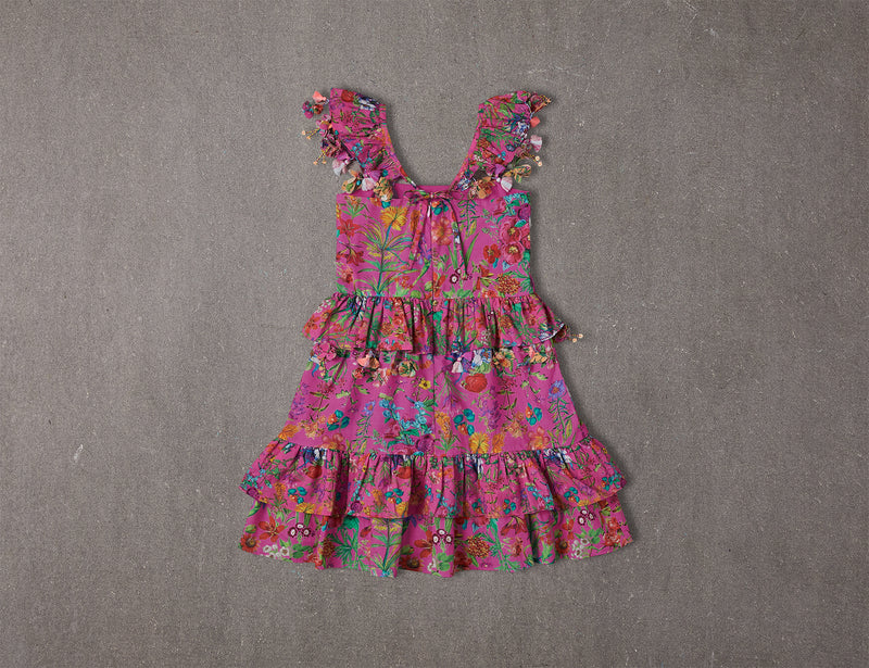 Leighton Dress | Knee Length Pink Floral Cotton Birthday Dress with Pompoms 4 Leighton Dress | Knee Length Pink Floral Cotton Birthday Dress with Pompoms 4
