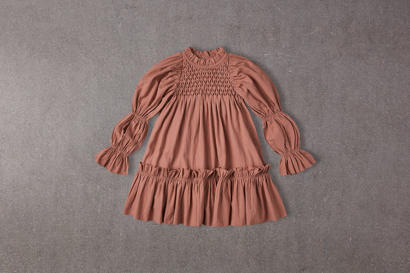 Brown cotton birthday dress with puff sleeves