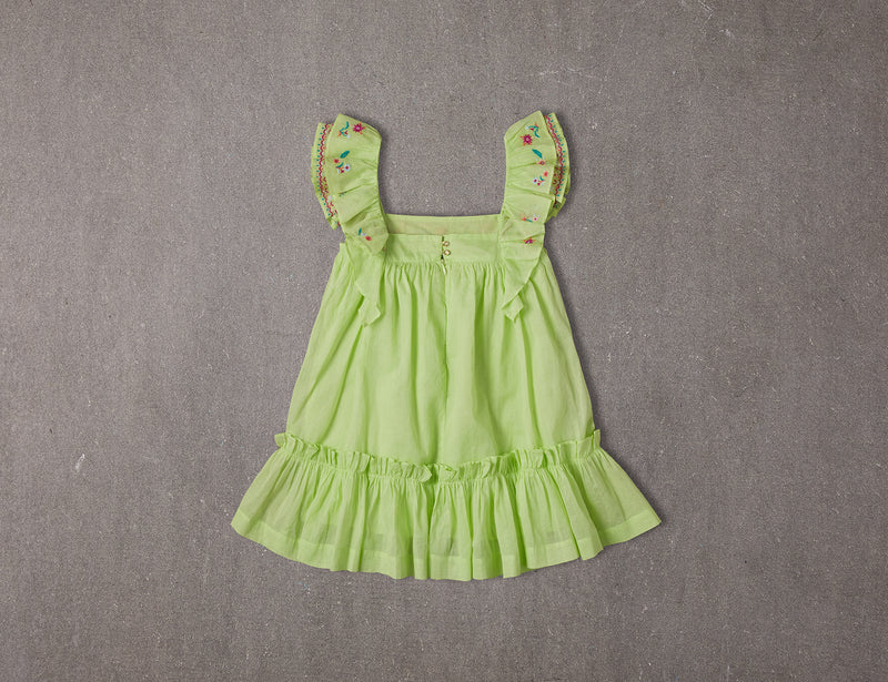 Green cotton birthday dress with ruffles sleeves