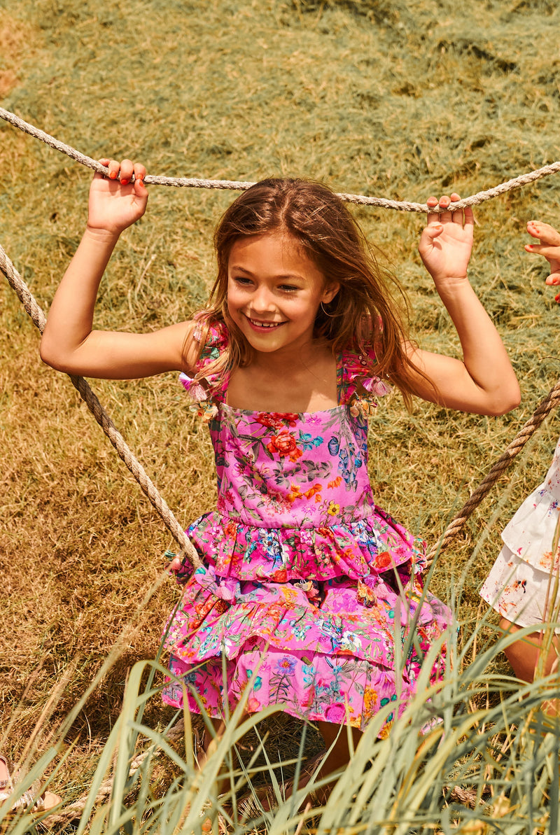 Leighton Dress | Knee Length Pink Floral Cotton Birthday Dress with Pompoms 4 Leighton Dress | Knee Length Pink Floral Cotton Birthday Dress with Pompoms 4