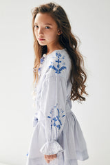 Above knee embroidered white and blue checkered birthday tunic with tassels