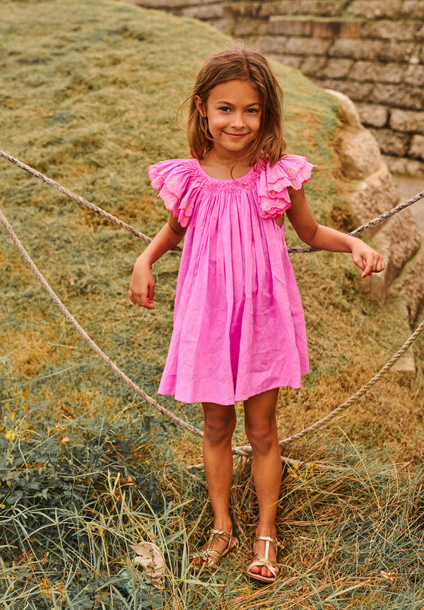 Above knee pink cotton birthday dress with smocking