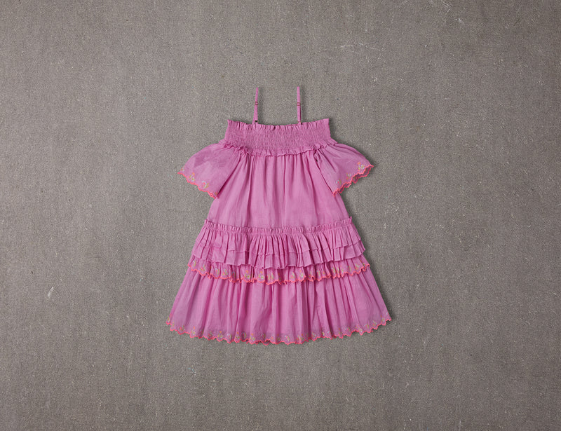 Knee length pink cotton off-shoulder birthday dress with smocking