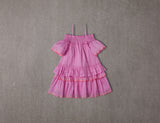 Knee length pink cotton off-shoulder birthday dress with smocking
