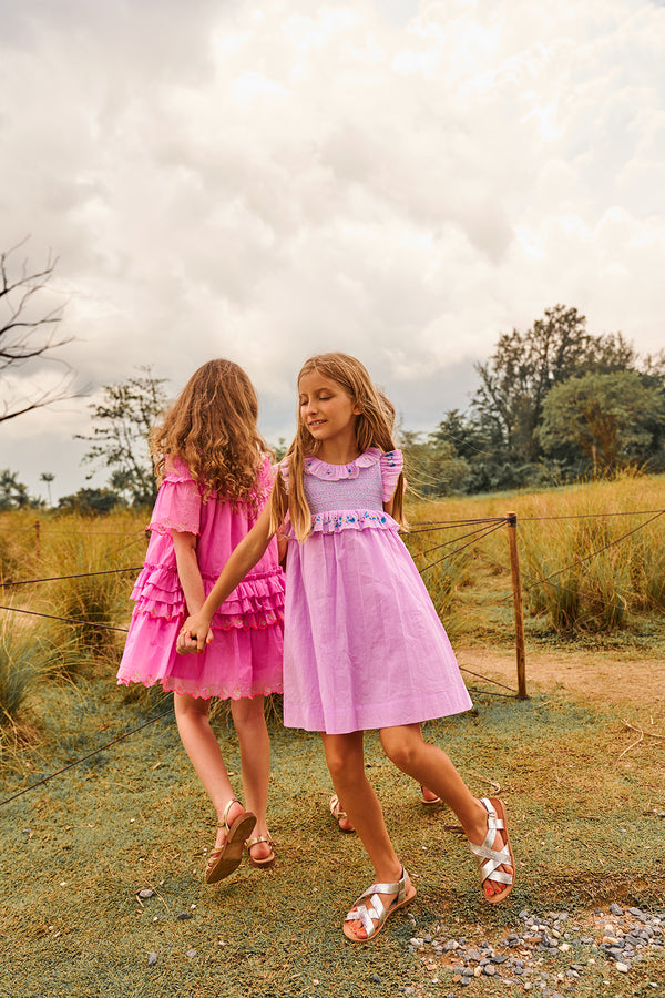 Above knee purple cotton birthday dress with floral embroidery and smocking