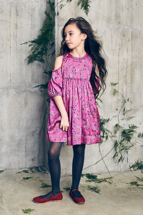 Purple cotton birthday dress with cut-out puff sleeves