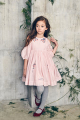 Pink cotton birthday dress with cut-out puff slevees